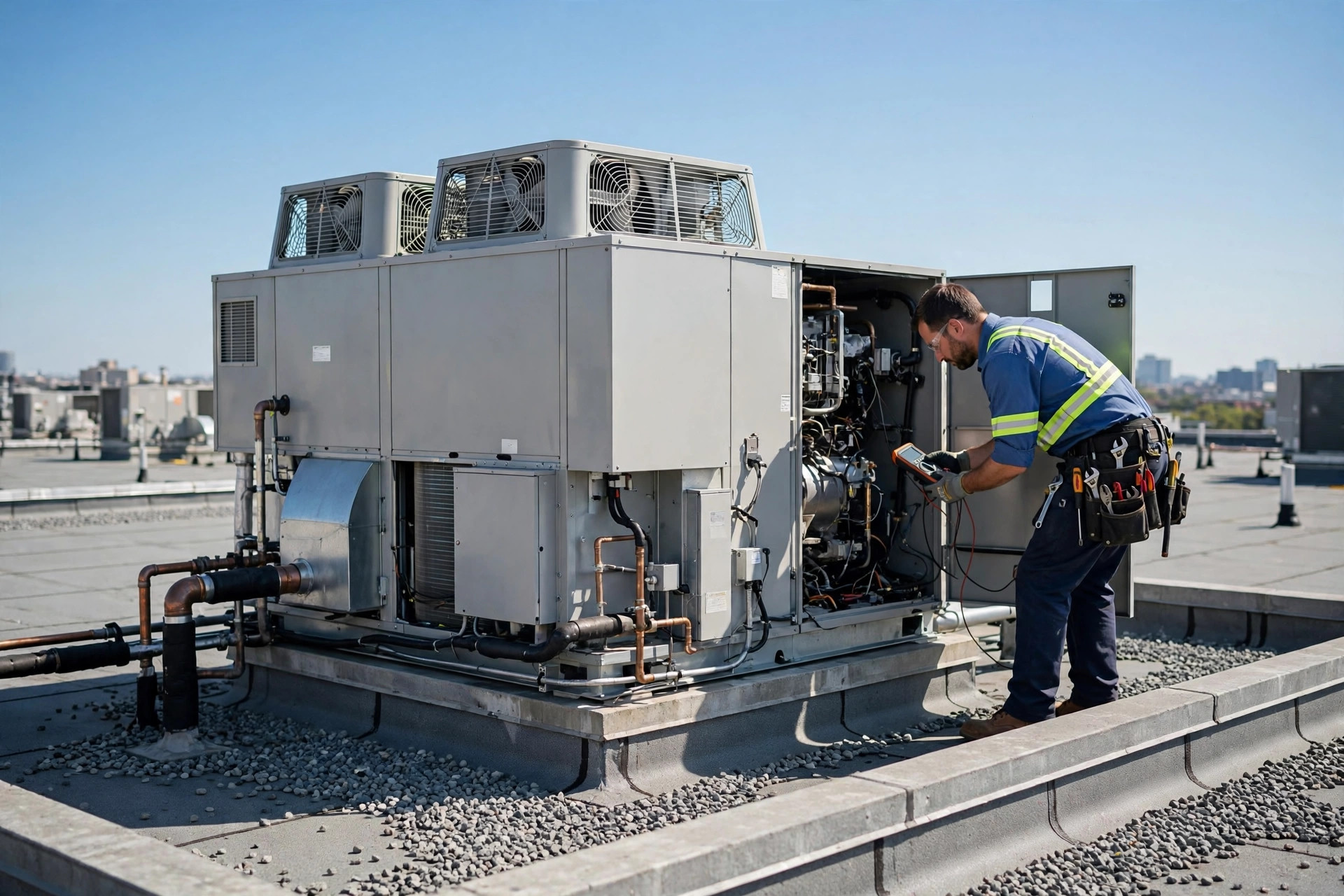 Commercial rooftop HVAC unit under a clear sky