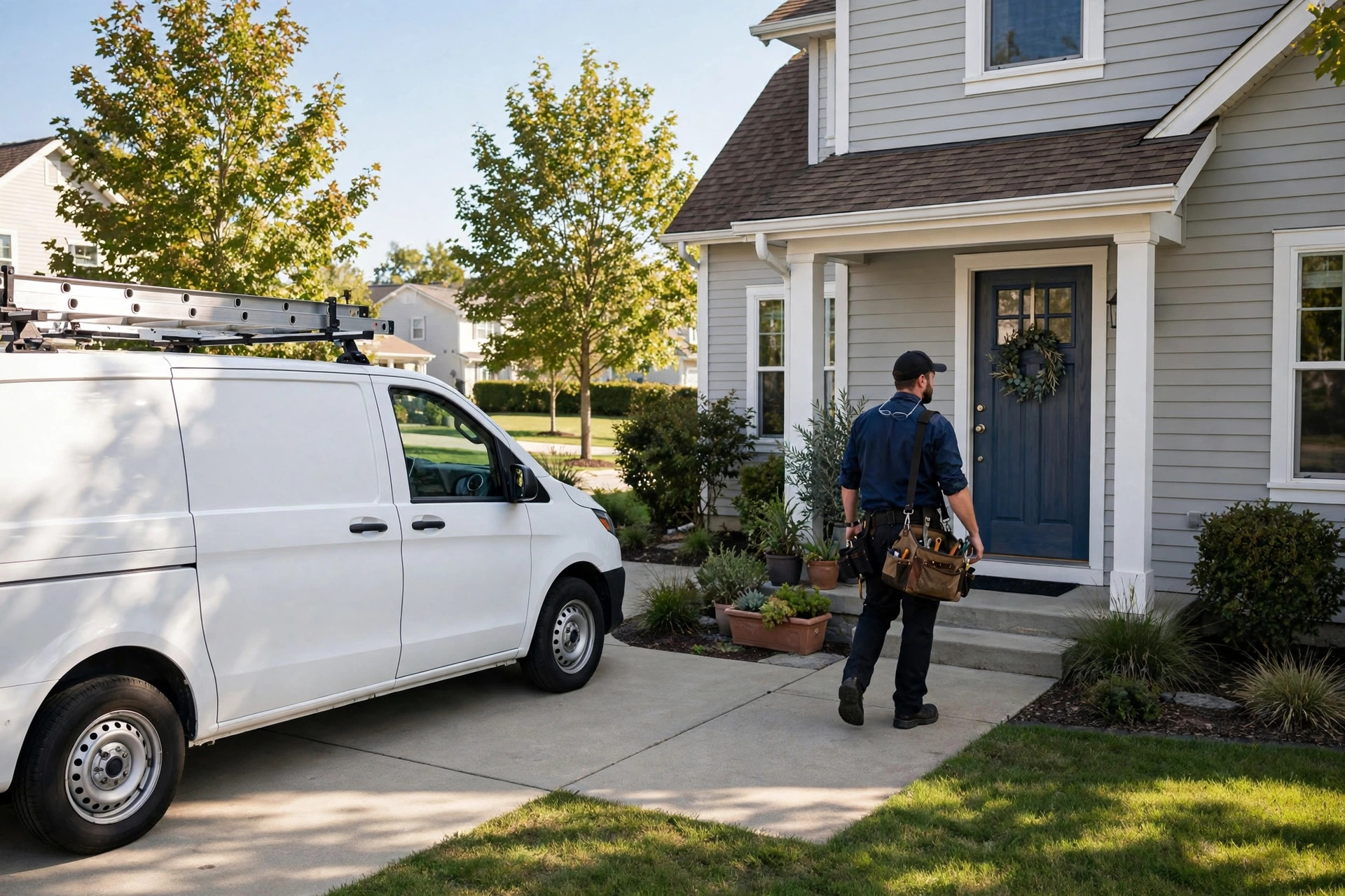 HVAC service van parked at a suburban home